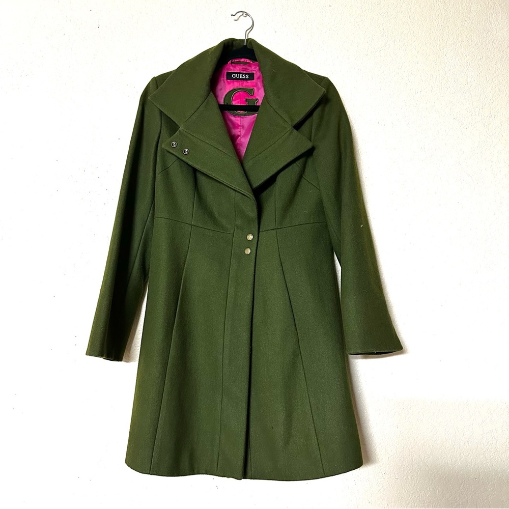 GUESS Olive Trench Coat with Pink Lining Good. 90% good.